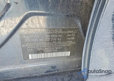 2013 Hyundai Sonata Se z USA, uszkodzony, nr VIN 5NPEC4AC2DH791007